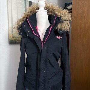Hollister California Navy Jacket with Faux Fur Hood